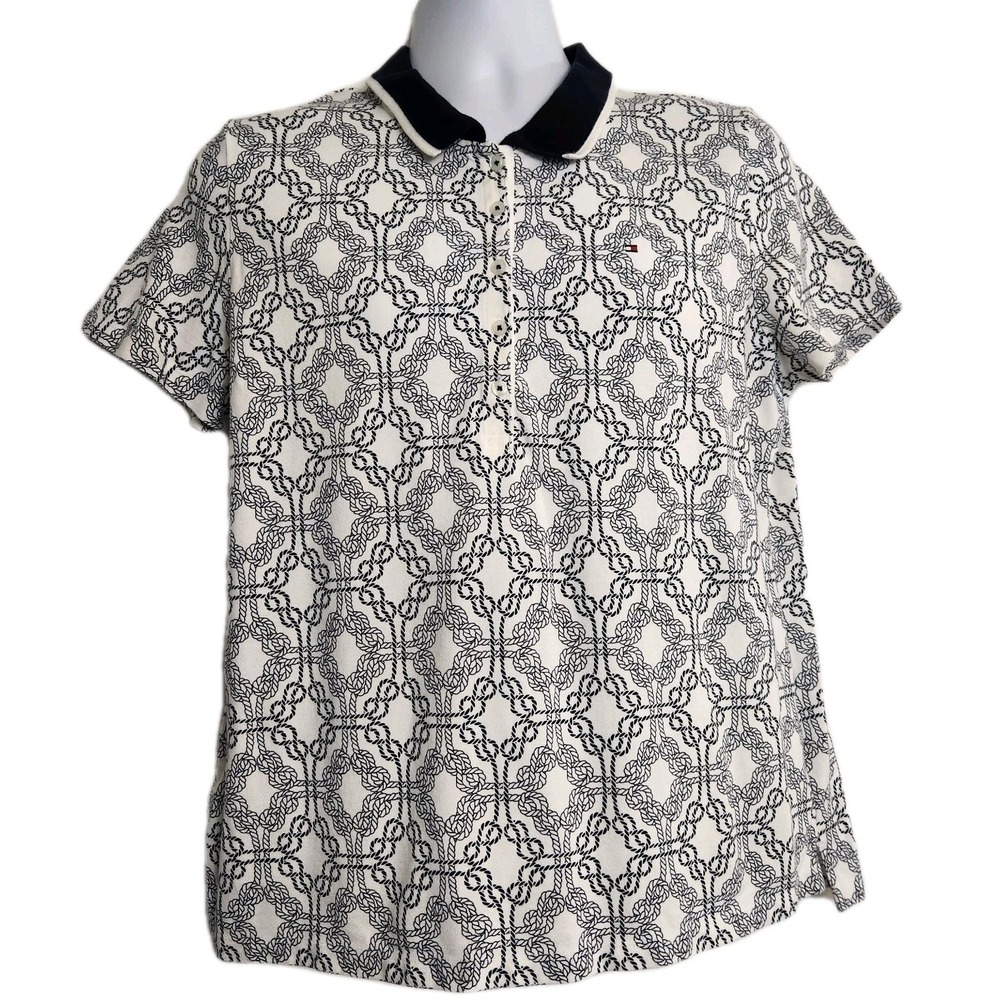 Tommy Hilfiger Men's XL Navy White Rope Print Polo‎ Shirt Stretch Short Sleeve